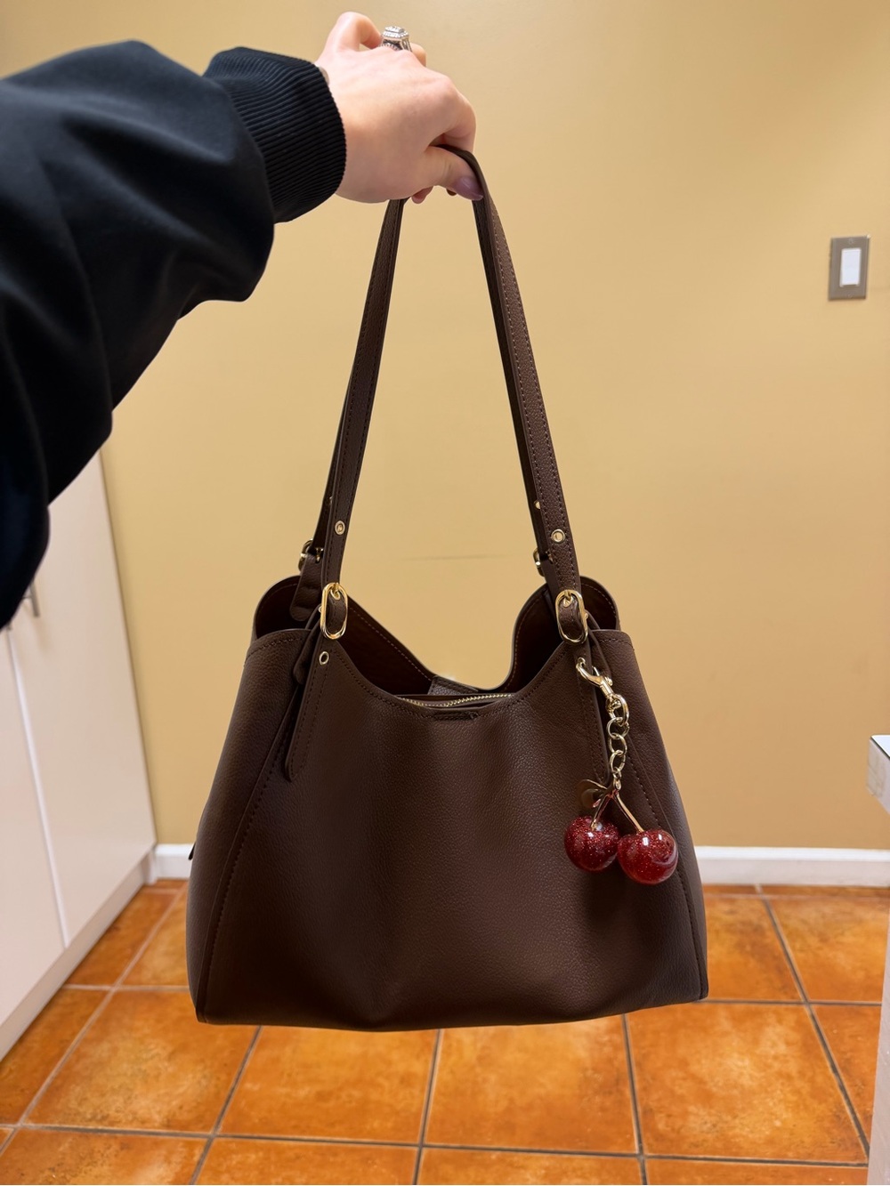 Brown Leather Shoulder Bag with Cherry Charm
